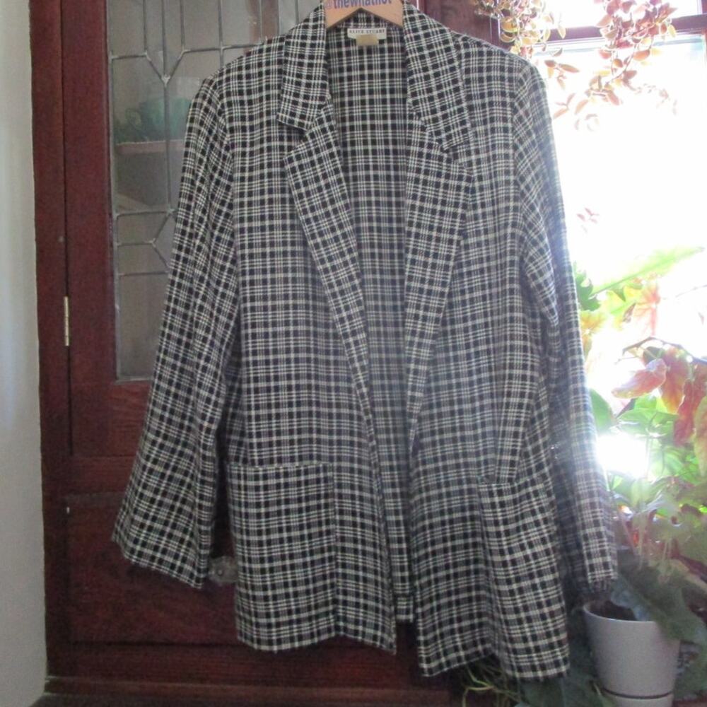 70s/80s Vintage Black & White Plaid Blazer Size XL Single Breasted Corpcore Work - Picture 9 of 17